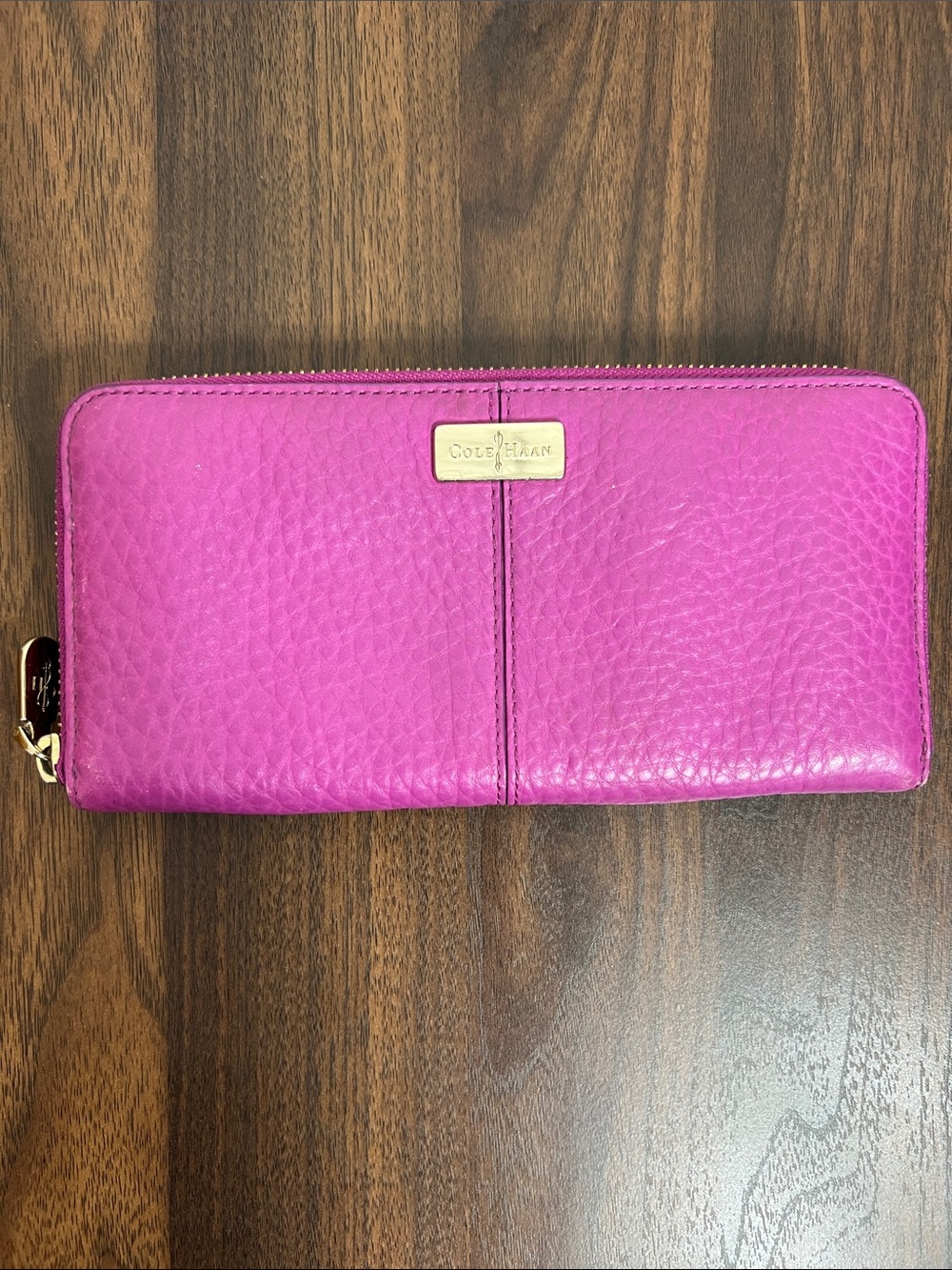 Cole Haan Bright Pink Pebbled Leather Zip Around Wallet
